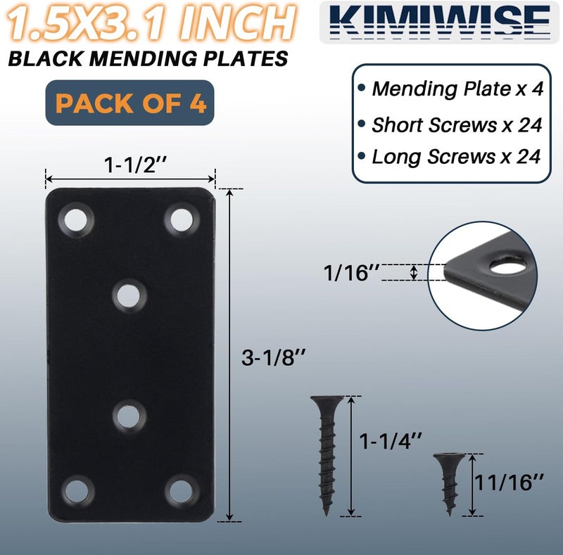 KIMIWISE 4 Pcs Flat Mending Plate, 1.5''x3.1'' Black Stainless Steel Metal Flat Straight Brace Bracket, Fixing Brace Joining Plates for Furniture, Wood, Shelves, Cabinet with 2 Different Lengths of Screws - Image 2